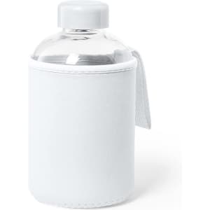 A drink bottle with a clear body and a white protective sleeve, featuring a secure lid and a handle.