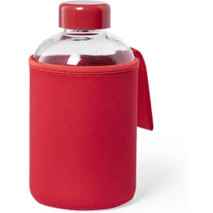 A drink bottle with a clear body and a red neoprene sleeve. It features a matching red cap and handle.