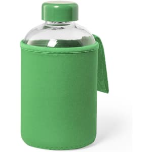A drink bottle with a transparent body, encased in a green neoprene sleeve and featuring a green cap.