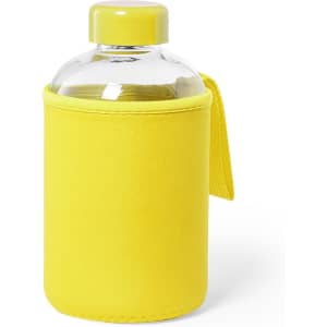 A drink bottle with a transparent body and bright yellow neoprene sleeve, featuring a matching yellow lid and carry strap.
