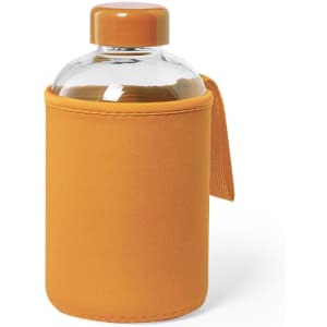 A drink bottle with a clear body and orange Neoprene sleeve for insulation and grip. It features a matching orange cap.