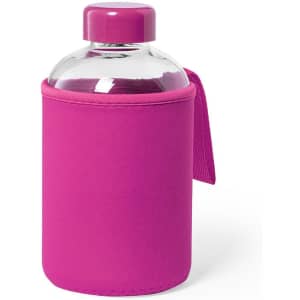 A drink bottle in a clear design with a bright pink sleeve and cap, featuring a handle for easy carrying.