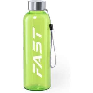 A drink bottle in bright green with a silver lid and a carrying strap. It features a logo.