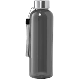 A drink bottle in a sleek grey design, featuring a metal cap and a strap for easy carrying.
