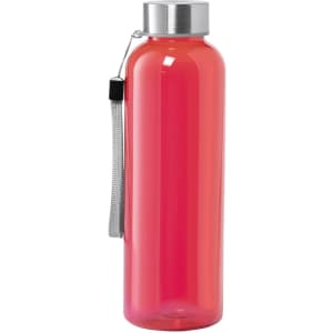 A drink bottle in bright pink with a silver cap and a grey strap, featuring a logo.