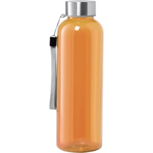 A drink bottle in translucent orange with a silver lid and a grey carrying strap. It features a logo.