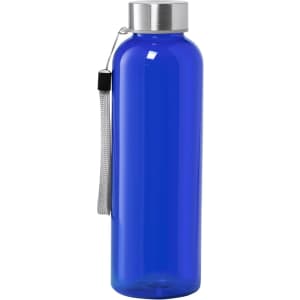 A drink bottle in vibrant blue colour with a silver lid and a strap. It features a logo on the body.