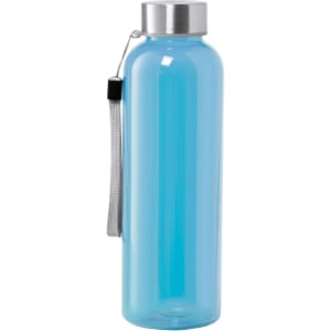 A drink bottle in light blue with a silver cap and a strap, featuring a logo on the side.
