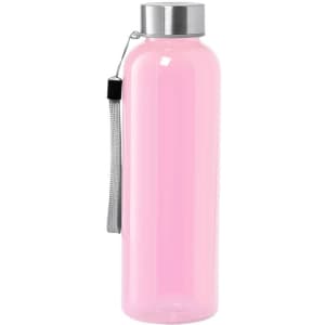 A drink bottle in a transparent pink colour with a stainless steel lid and a strap for easy carrying.