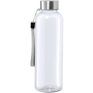 A drink bottle made of clear glass with a stainless steel lid and a grey strap. It has a sleek, modern design.