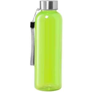 A drink bottle in bright green with a silver lid and a convenient carrying strap. It features a logo.