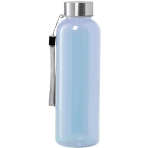 A drink bottle with a light blue body and a silver cap, featuring a stylish attached strap and logo.