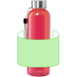 A drink bottle in vibrant red with a silver lid and a carry strap, featuring a logo.