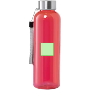 A drink bottle in vibrant pink with a silver cap and a strap, featuring a blank green label area.
