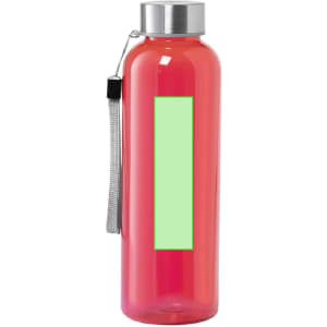 A drink bottle in vibrant red with a grey strap and a silver cap, featuring a blank green panel.