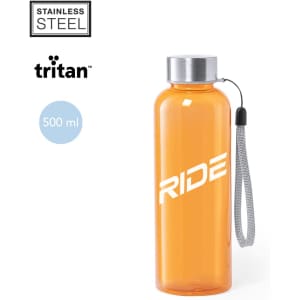 A drink bottle made of transparent orange Tritan with a stainless steel lid and a carrying strap.