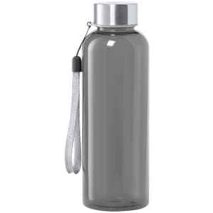 A drink bottle in a sleek grey design with a silver lid and a wrist strap. Features a branding logo.