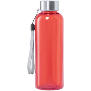 A drink bottle in vibrant red with a silver lid and a carrying strap attached. It features a logo.