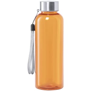 A drink bottle in vibrant orange with a silver cap and a grey carrying strap, featuring a logo.