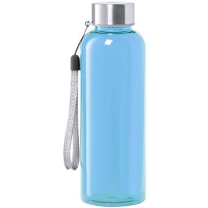 A drink bottle in a translucent blue colour with a stainless steel cap and a grey handle.