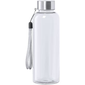 A drink bottle in transparent glass with a silver cap and a grey carrying strap. It features a logo.