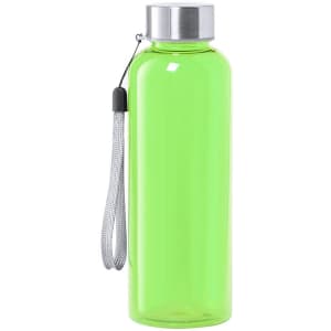 A drink bottle in bright green with a silver cap and a grey strap. It features a logo on the side.