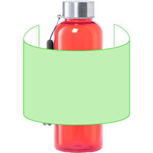 A drink bottle in bright red with a silver lid and a carrying loop. It features a circular branding area.