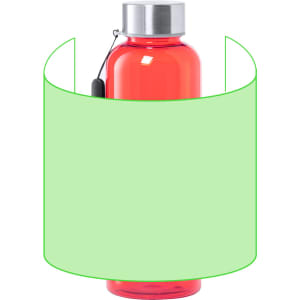 A drink bottle in bright red with a stainless steel lid and attached ring, featuring a branding logo.