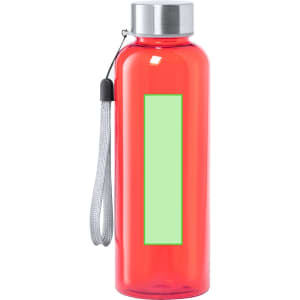 A drink bottle in vibrant red with a silver lid and a strap, featuring a plain green panel.