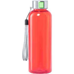 A drink bottle in vibrant red with a silver cap and a carry strap, featuring a logo on the front.