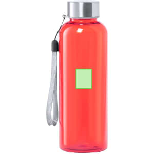 A drink bottle in bright red with a silver cap and a textured strap. It features a blank green logo area.