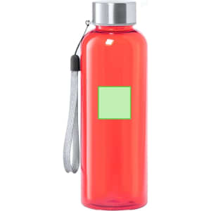 A drink bottle in bright red with a stainless steel lid and a grey strap, featuring a blank area for custom designs.