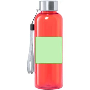 A drink bottle in bright red with a silver cap and a wrist strap, featuring a blank green label area.