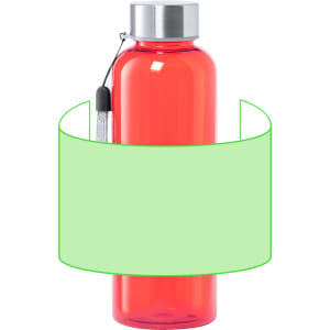 A drink bottle in bright red with a silver lid and a tag, featuring a blank green area for customisation.