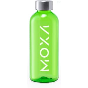 A drink bottle in vibrant green with a stainless steel lid, featuring a logo.