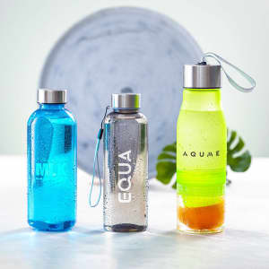 A drink bottle collection featuring blue, grey, and bright green bottles with silver caps and branding.
