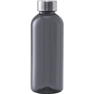 A drink bottle in a sleek, dark grey colour with a silver metal lid and a minimalistic design. Features a logo.