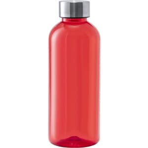 A drink bottle in vibrant red with a silver cap and minimalist design, featuring a logo.