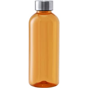 A drink bottle in transparent orange with a silver lid, featuring a logo on the side.
