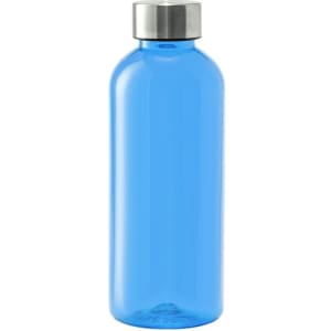 A drink bottle in bright blue with a stainless steel lid and a sleek, transparent design.