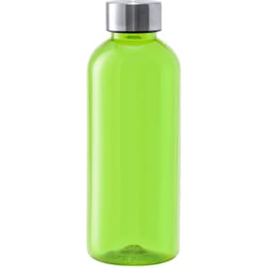 A drink bottle in bright green with a silver lid, featuring a sleek, minimalist design and a logo.