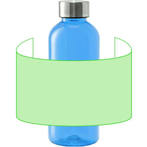 A drink bottle in vibrant blue with a stainless steel lid, featuring branding and a green label around its centre.