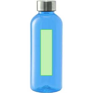 A blue drink bottle with a silver cap and a large green label area. It features a logo on the front.