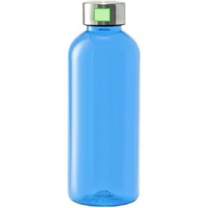A drink bottle in bright blue with a stainless steel cap and a small green logo.
