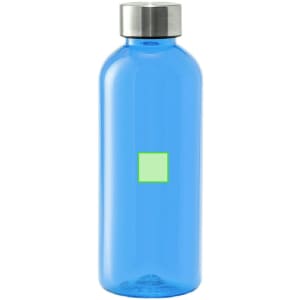 A drink bottle with a blue body and a silver cap, featuring a square area for branding.