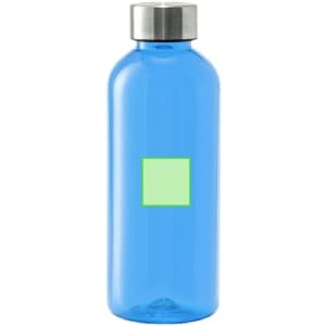A drink bottle in a vibrant blue colour with a stainless steel lid and a blank green label.