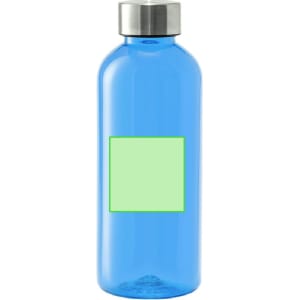 A drink bottle in vibrant blue with a silver lid and a blank green label.