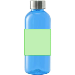 A drink bottle in transparent blue with a silver lid and a blank green label.