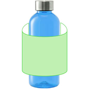 A drink bottle in bright blue plastic with a silver metal lid and a blank green label wrapped around it.