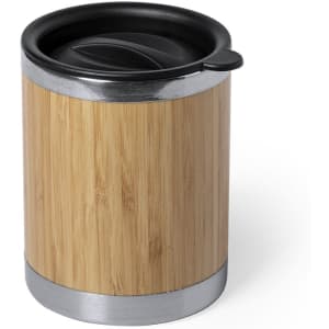 A drink bottle with a bamboo exterior and a black lid, featuring a silver band around the top.